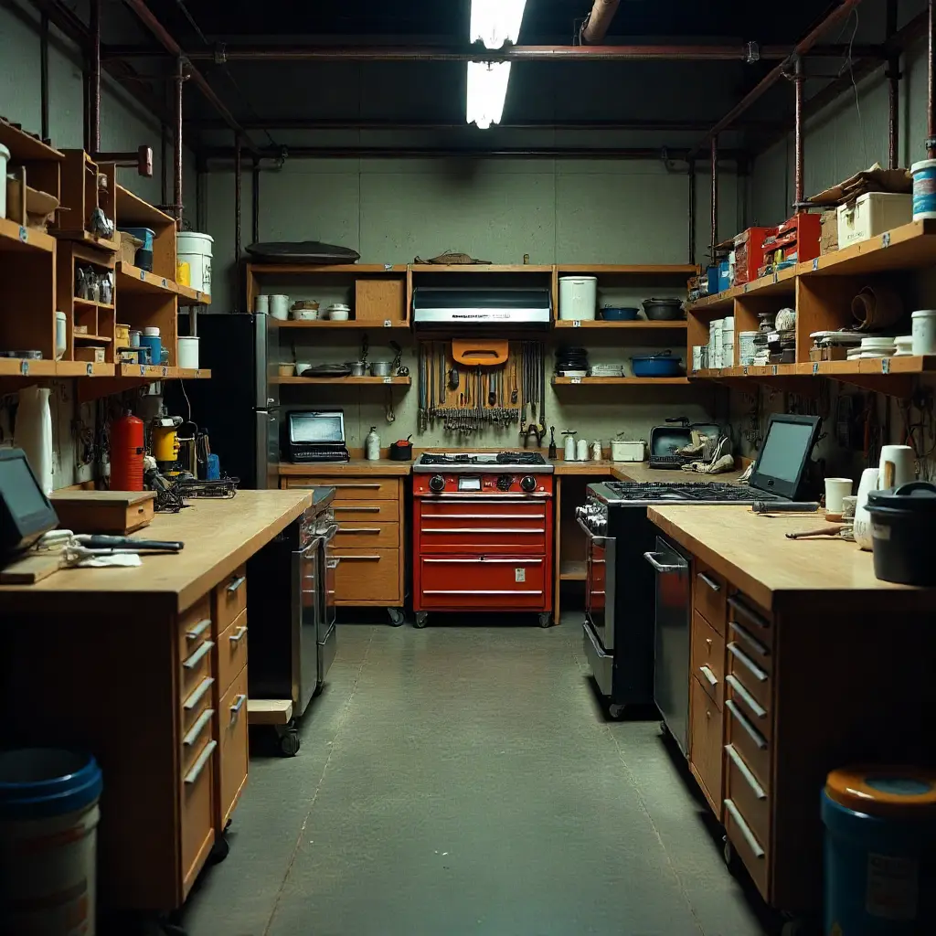 Professional appliance repair workshop with tools and equipment